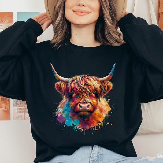 Highland cow Color Splash Unisex Sweatshirt Black Navy Dark Heather-Black-Family-Gift-Planet