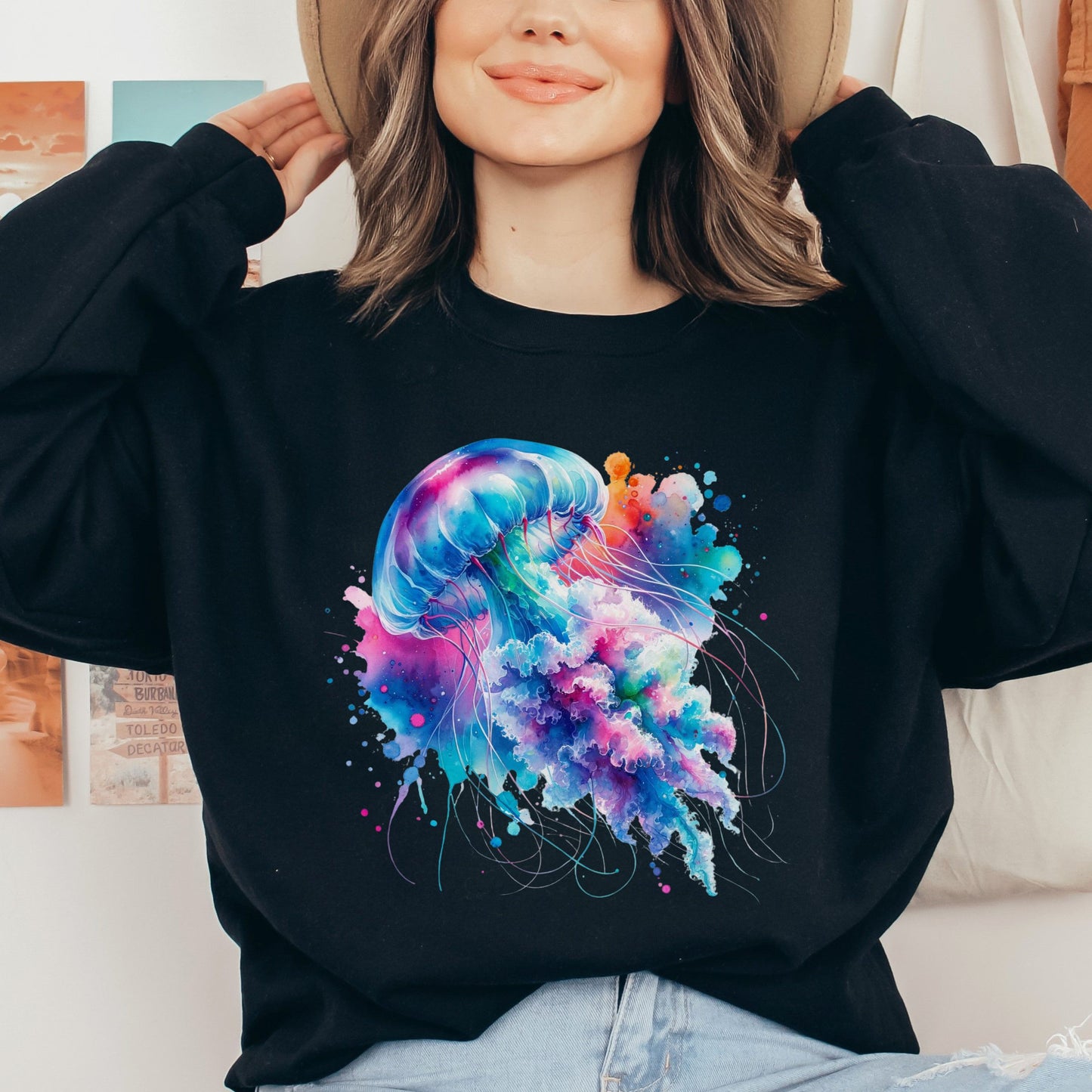 Jellyfish Color Splash Unisex Sweatshirt Black Navy Dark Heather-Black-Family-Gift-Planet