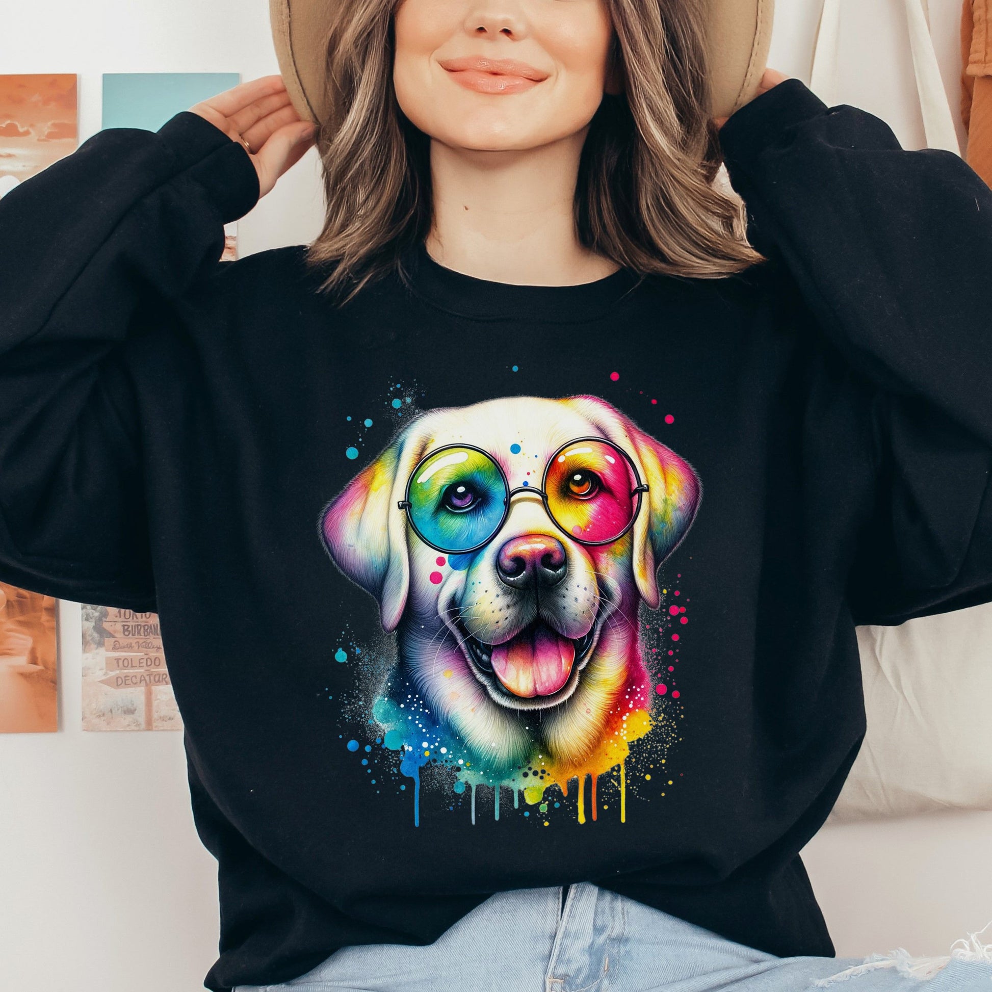 Labrador with eyeglasses Color Splash Unisex Sweatshirt Black Navy Dark Heather-Black-Family-Gift-Planet