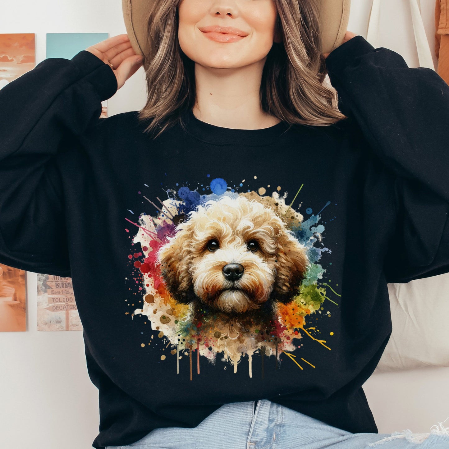 Artistic Lagotto Romagnolo Color Splash Unisex Sweatshirt Black Navy Dark Heather-Black-Family-Gift-Planet