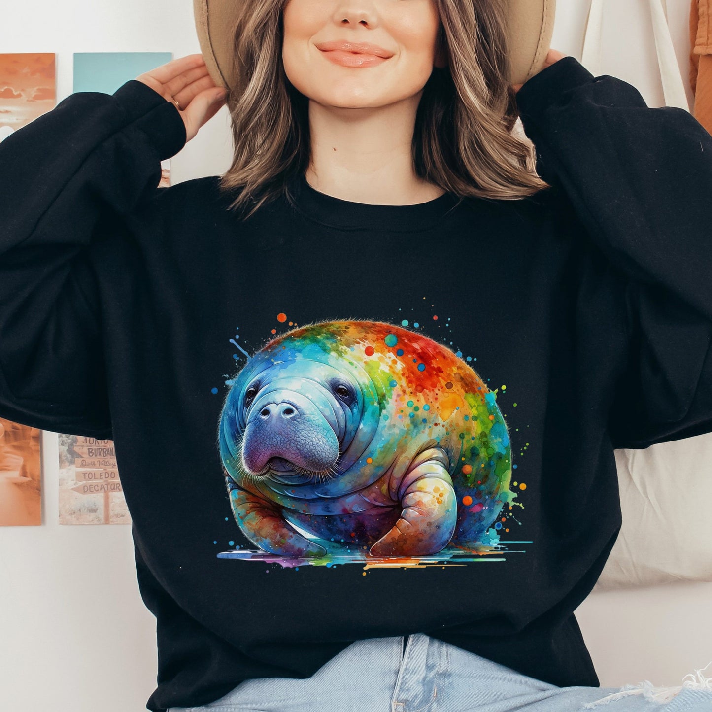 Artistic Manatee Color Splash Unisex Sweatshirt Black Navy Dark Heather-Black-Family-Gift-Planet