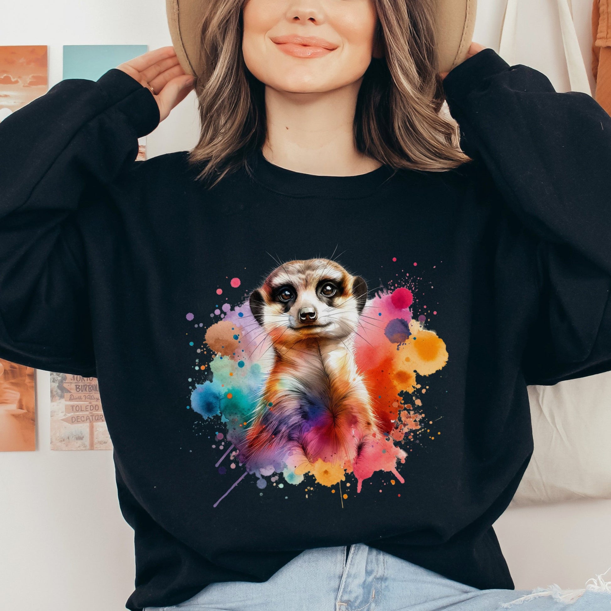 Artistic Meerkat Color Splash Unisex Sweatshirt Black Navy Dark Heather-Black-Family-Gift-Planet