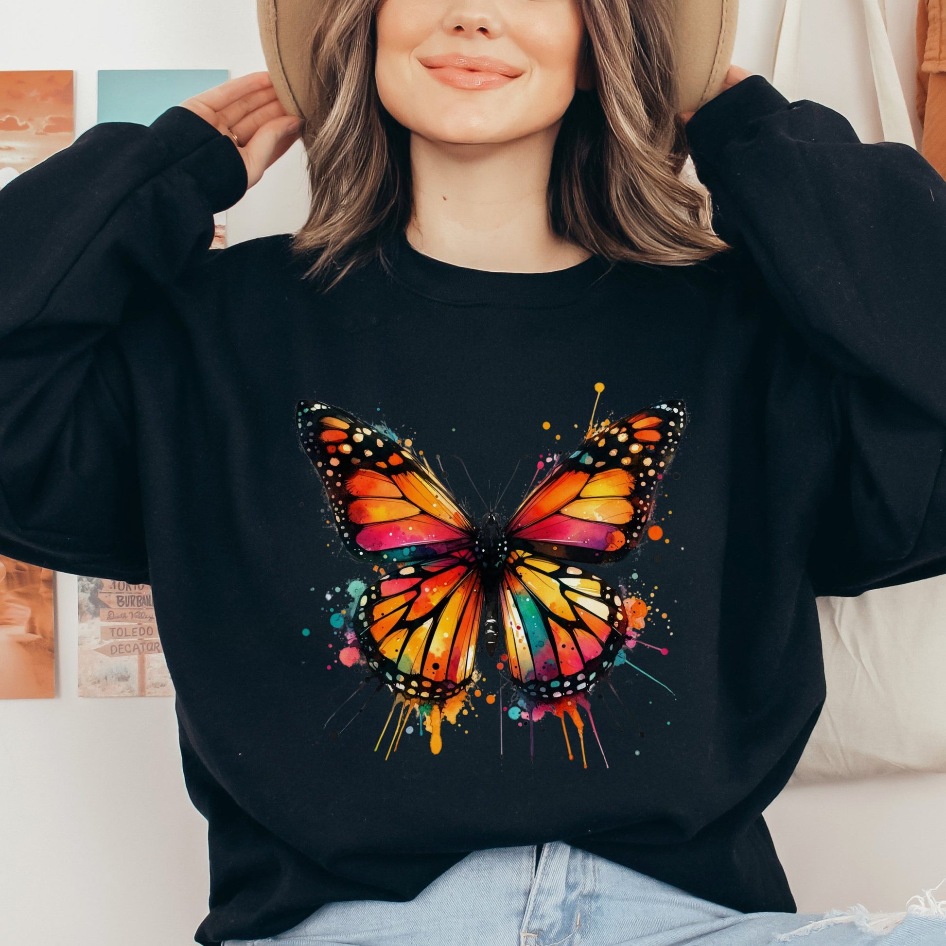 Monarch Butterfly Color Splash Unisex Sweatshirt Black Navy Dark Heather-Black-Family-Gift-Planet