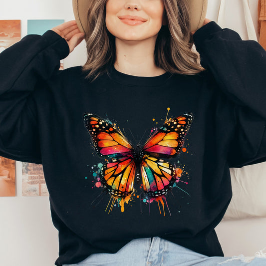 Monarch Butterfly Color Splash Unisex Sweatshirt Black Navy Dark Heather-Black-Family-Gift-Planet
