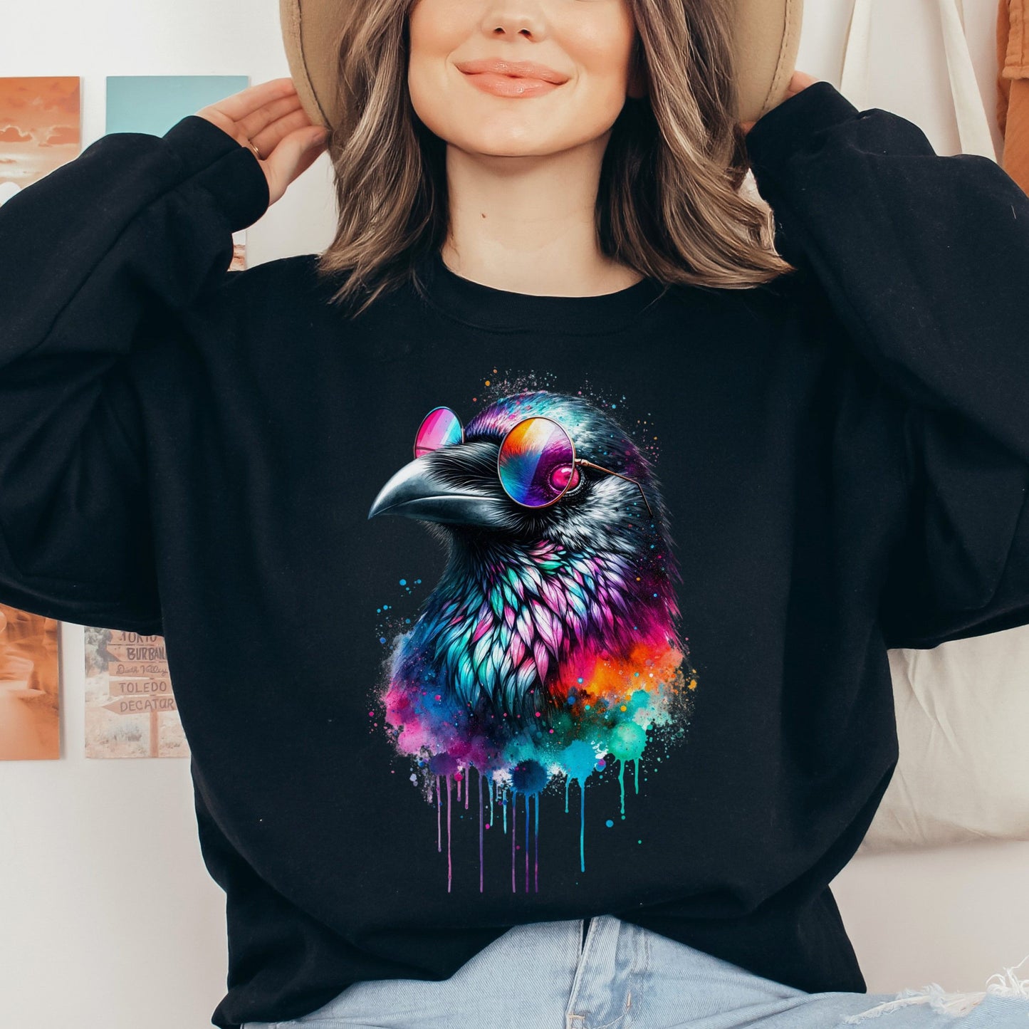 Neon Raven Color Splash Unisex Sweatshirt Black Navy Dark Heather-Black-Family-Gift-Planet