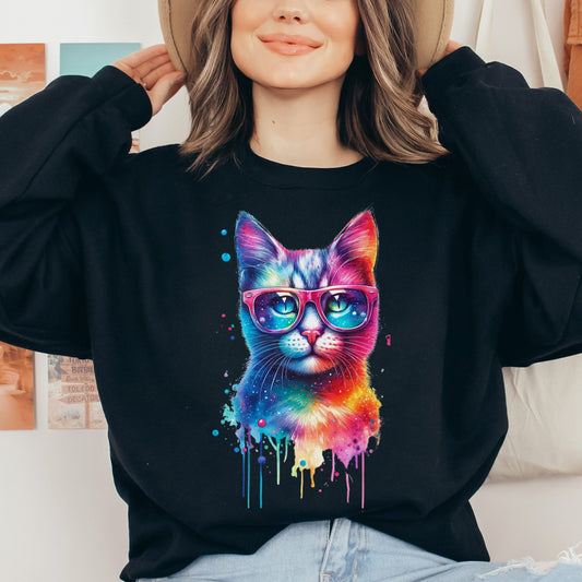 Neon cool cat Color Splash Unisex Sweatshirt Black Navy Dark Heather-Black-Family-Gift-Planet