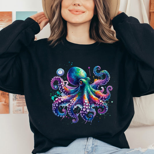 Octopus Color Splash Unisex Sweatshirt Black Navy Dark Heather-Black-Family-Gift-Planet