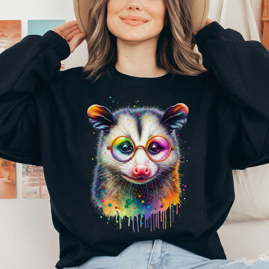 Opossum with glasses Color Splash Unisex Sweatshirt Black Navy Dark Heather-Black-Family-Gift-Planet