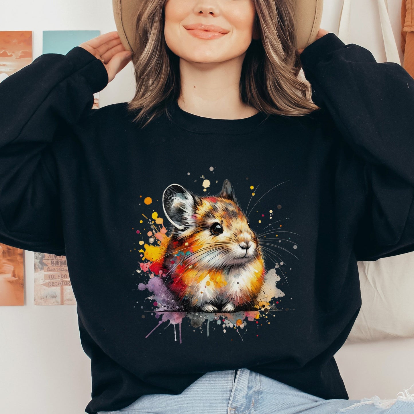 Artistic Pika Color Splash Unisex Sweatshirt Black Navy Dark Heather-Black-Family-Gift-Planet