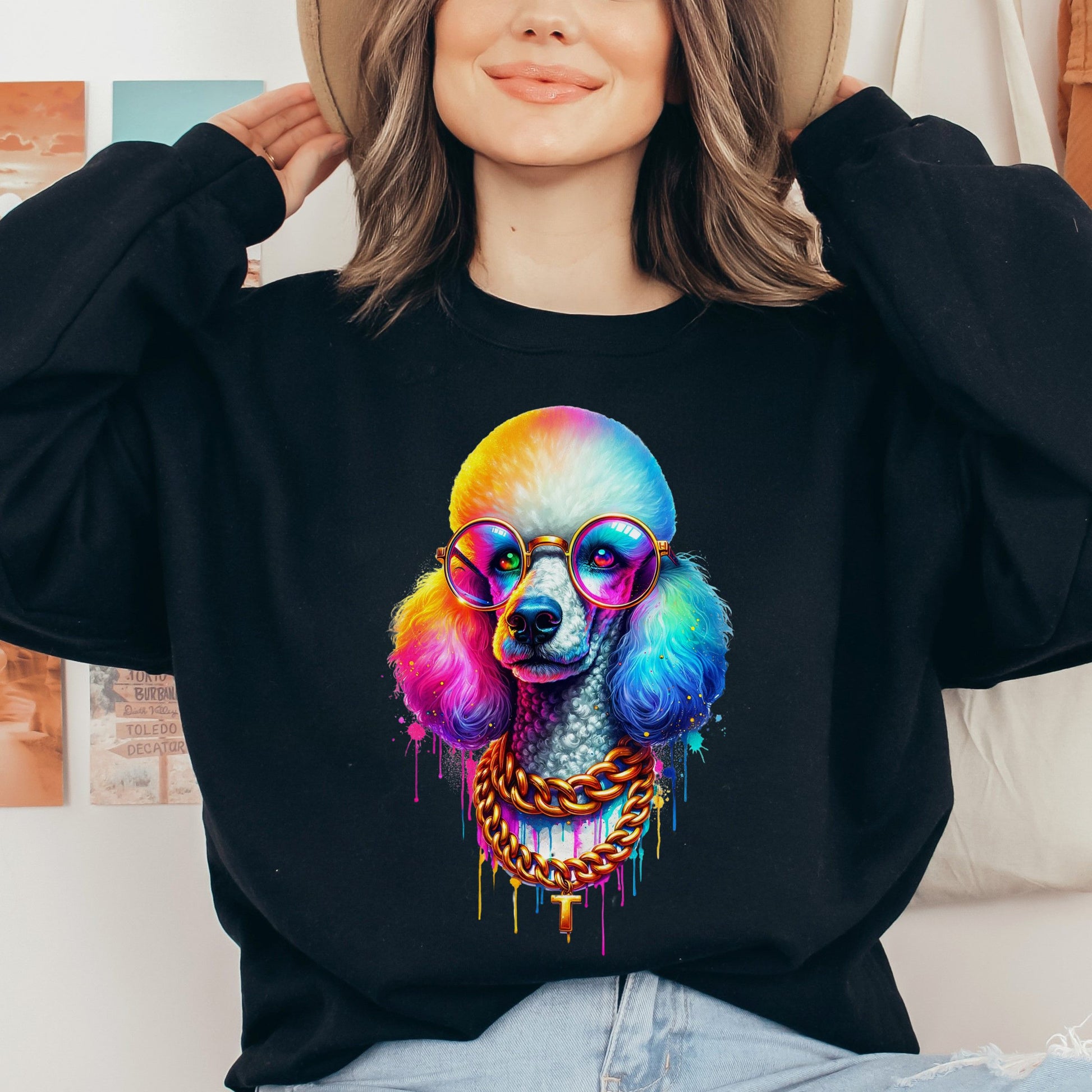 Poodle with glasses hip style Color Splash Unisex Sweatshirt Black Navy Dark Heather-Family-Gift-Planet