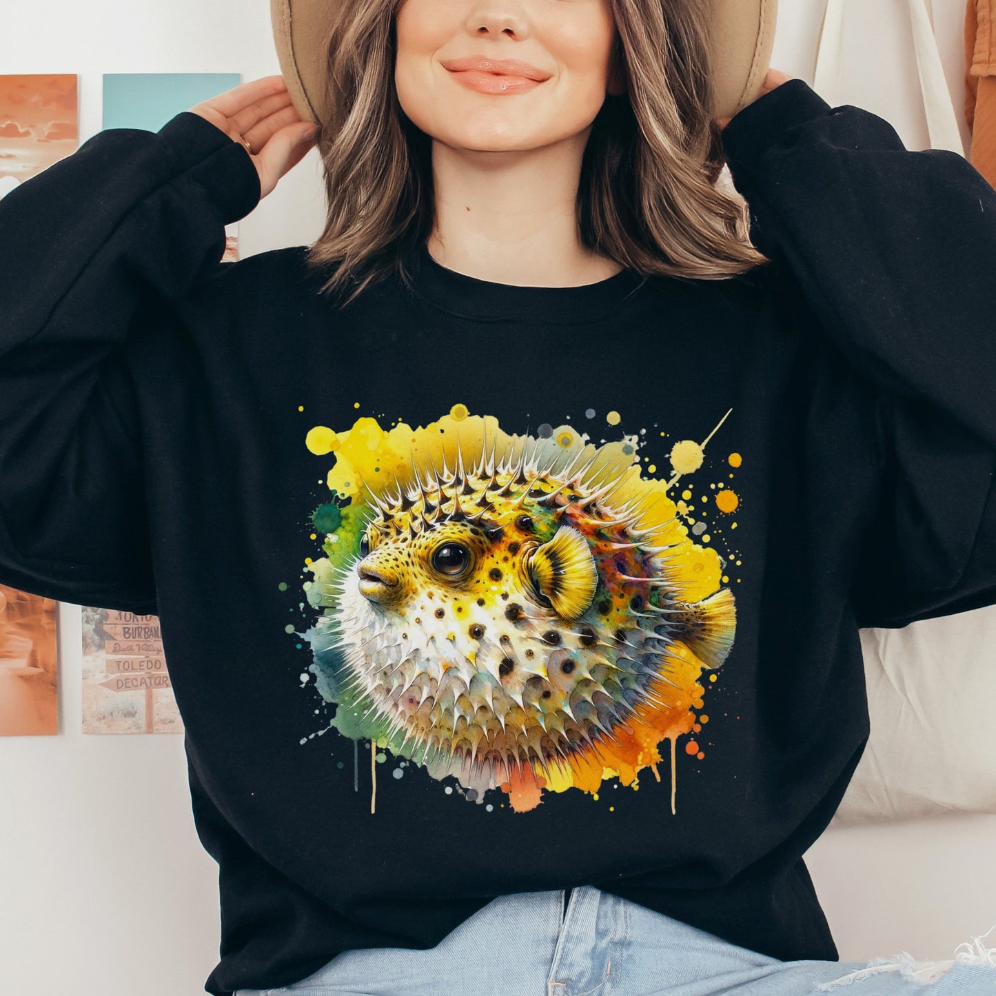 Vibrant Pufferfish Color Splash Unisex Sweatshirt Black Navy Dark Heather-Black-Family-Gift-Planet