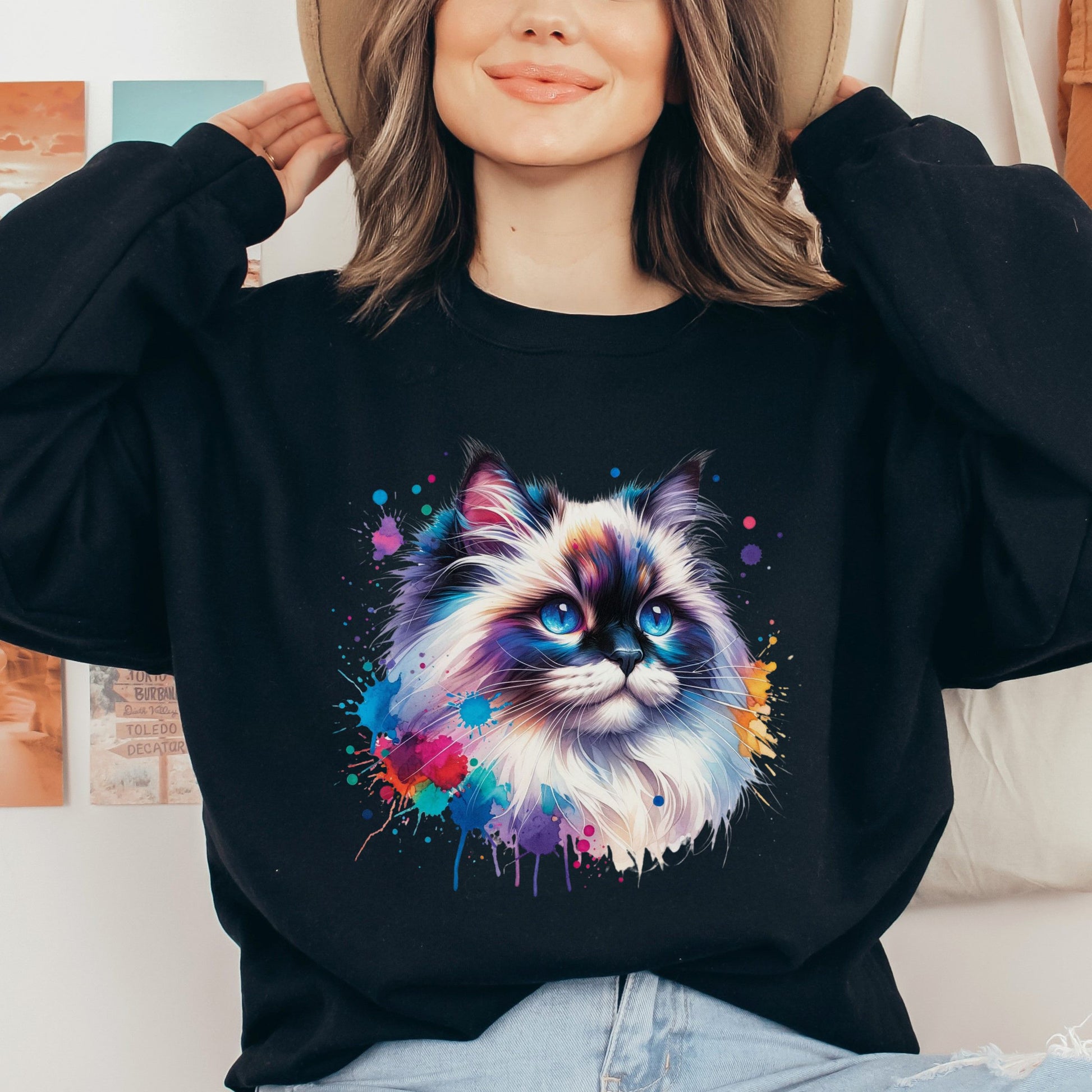 Ragdoll Cat Color Splash Unisex Sweatshirt Black Navy Dark Heather-Black-Family-Gift-Planet