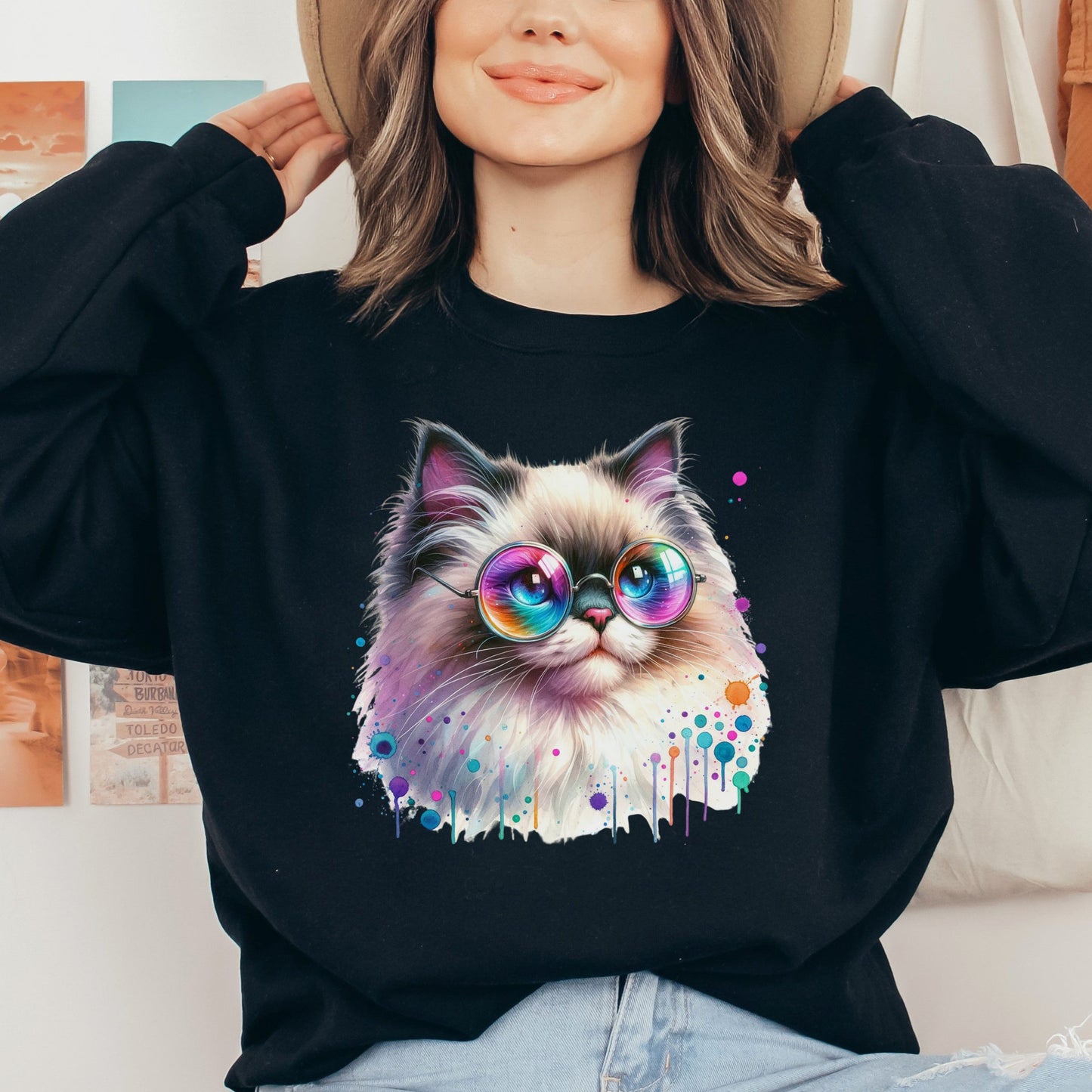 Ragdoll kitten with colorful glasses Color Splash Unisex Sweatshirt-Black-Family-Gift-Planet