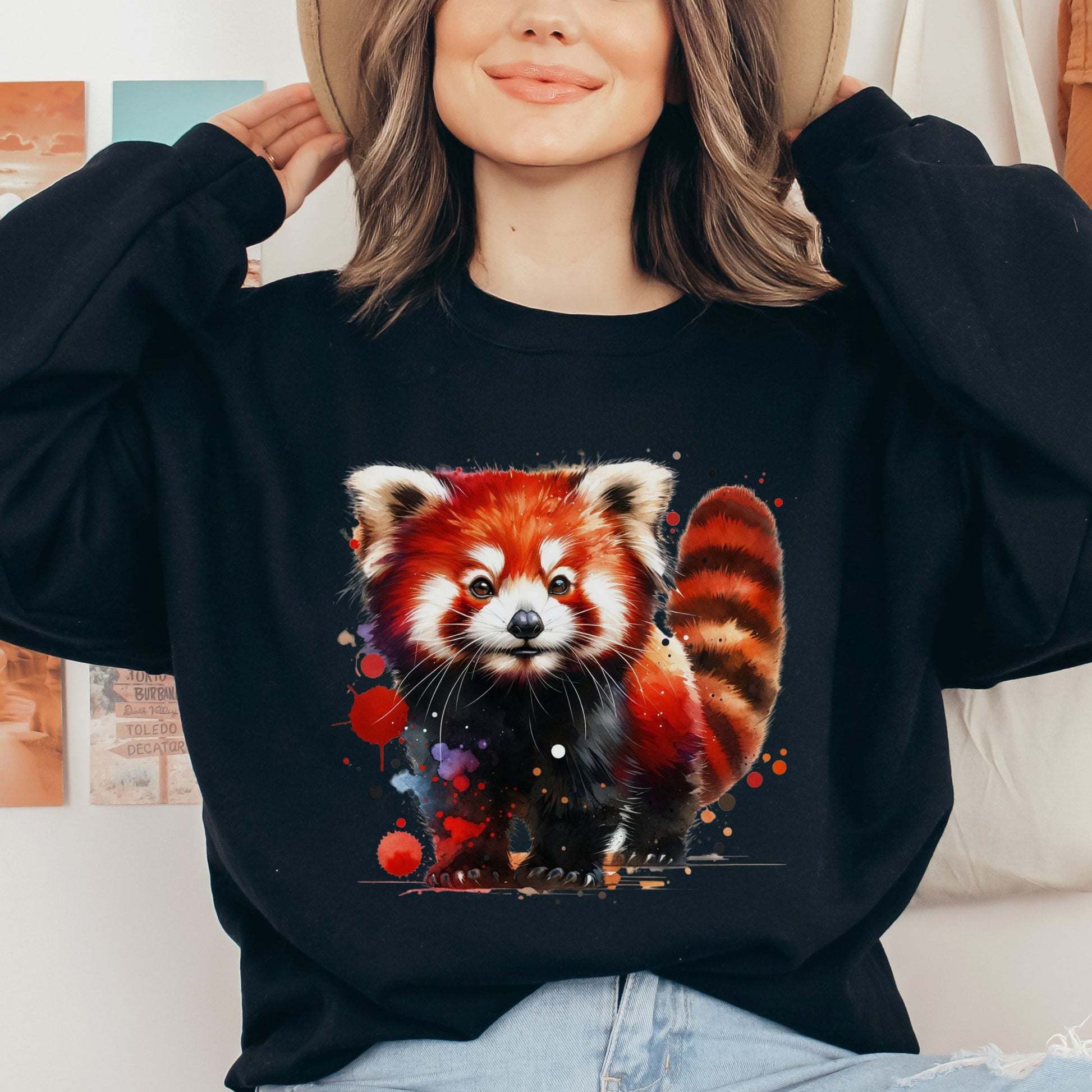 Artistic Red Panda Color Splash Unisex Sweatshirt Black Navy Dark Heather-Family-Gift-Planet