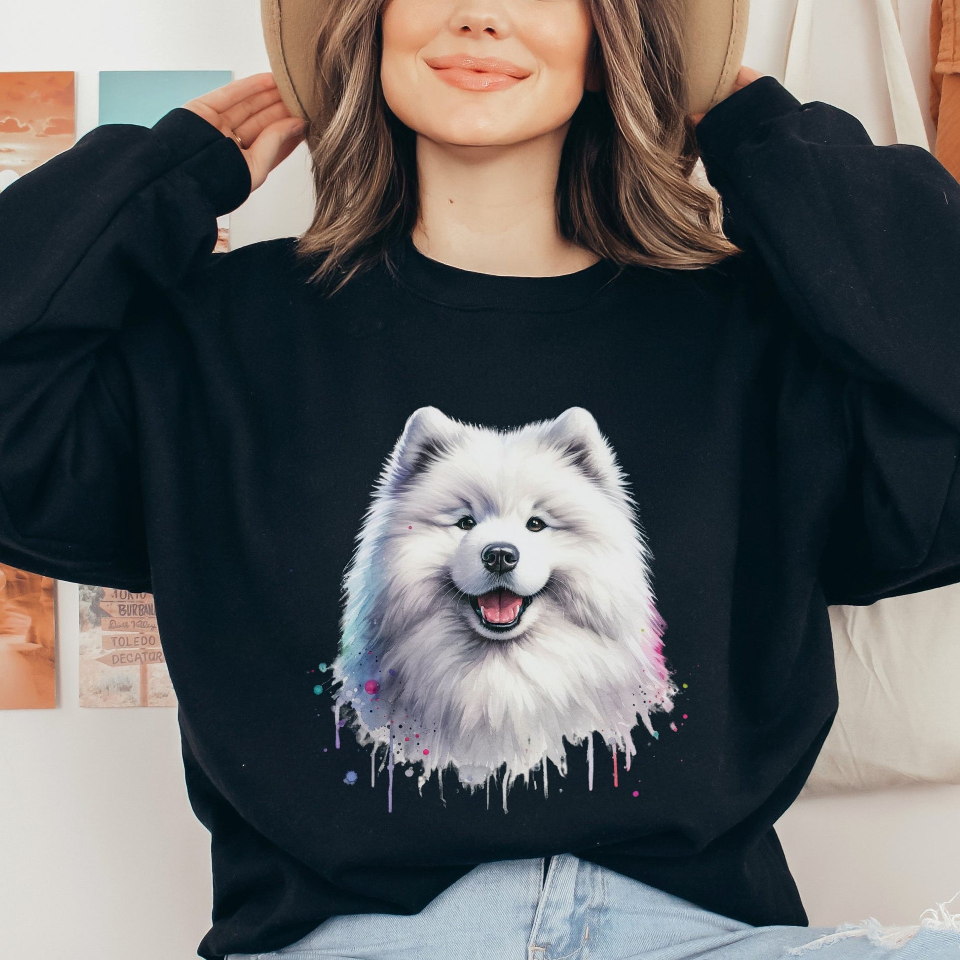 Samoyed dog mom Color Splash Unisex Sweatshirt Black Navy Dark Heather-Black-Family-Gift-Planet