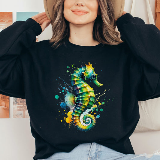 Artistic Seahorse Color Splash Unisex Sweatshirt Black Navy Dark Heather-Black-Family-Gift-Planet