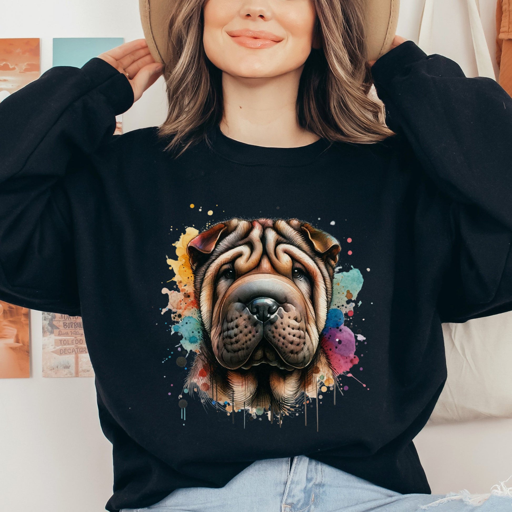 Shar-Pei dog mom Color Splash Unisex Sweatshirt Black Navy Dark Heather-Black-Family-Gift-Planet