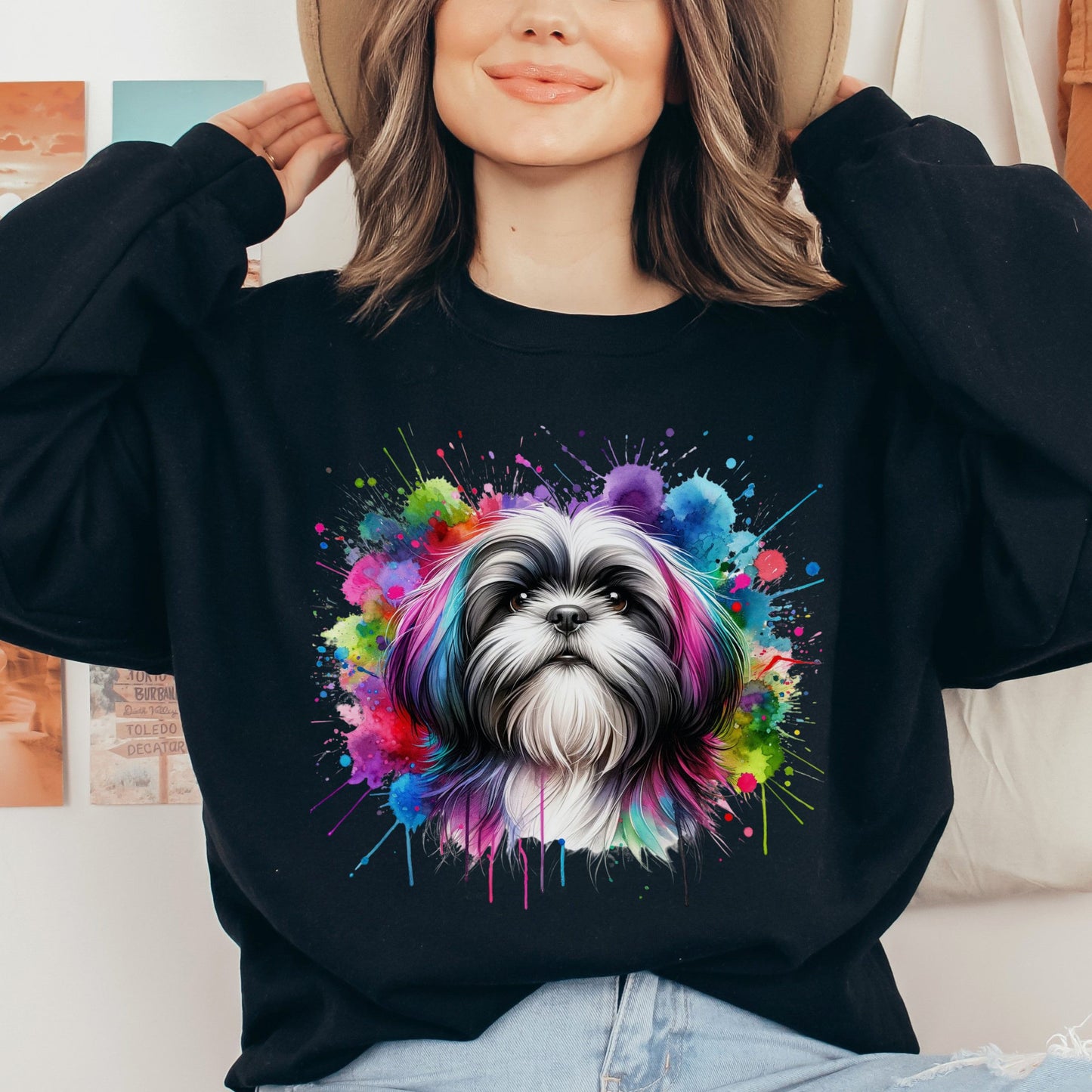 Artistic Shih Tzu mama Color Splash Unisex Sweatshirt Black Navy Dark Heather-Black-Family-Gift-Planet