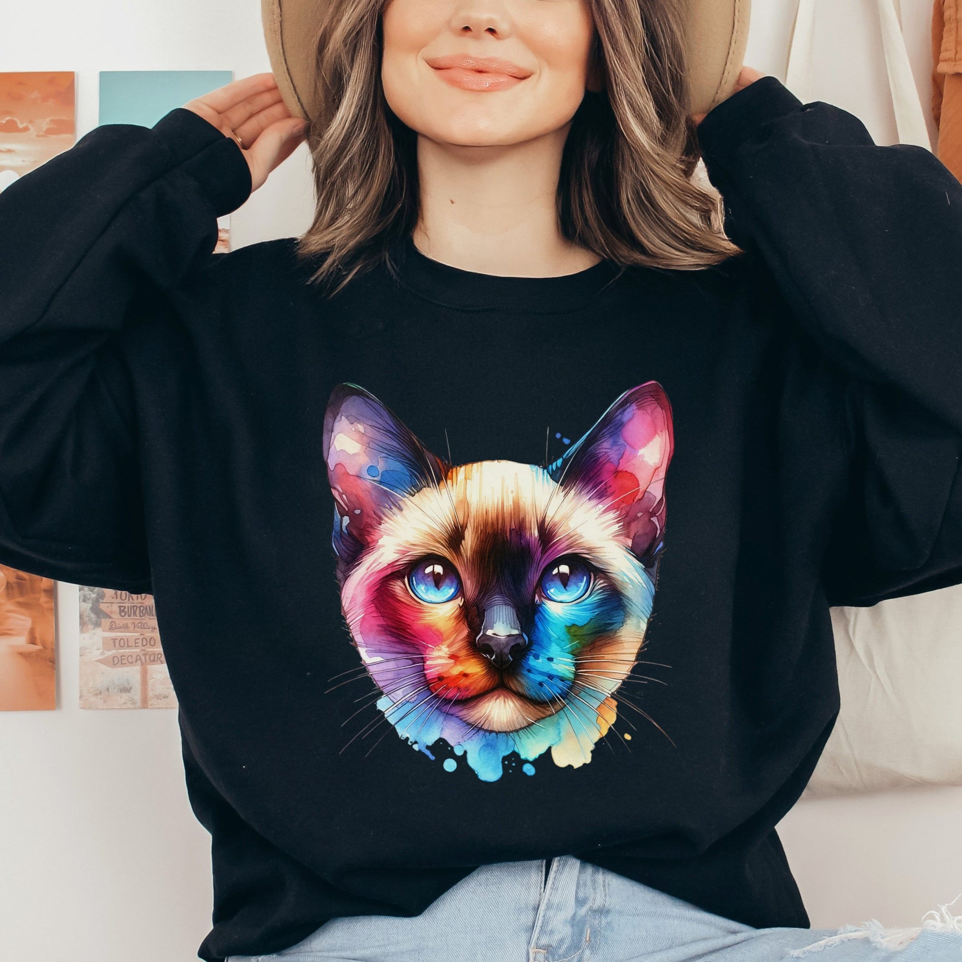 Siamese Cat Color Splash Unisex Sweatshirt Black Navy Dark Heather-Black-Family-Gift-Planet