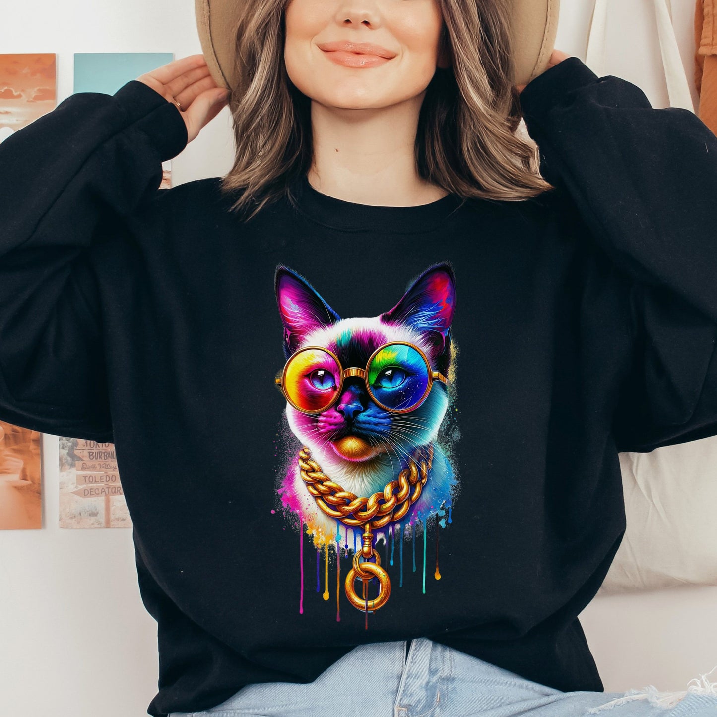 Siamese cat in hip style Color Splash Unisex Sweatshirt Black Navy Dark Heather-Black-Family-Gift-Planet