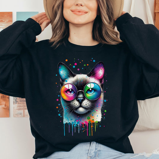 Siamese cat with eyeglasses Color Splash Unisex Sweatshirt-Black-Family-Gift-Planet