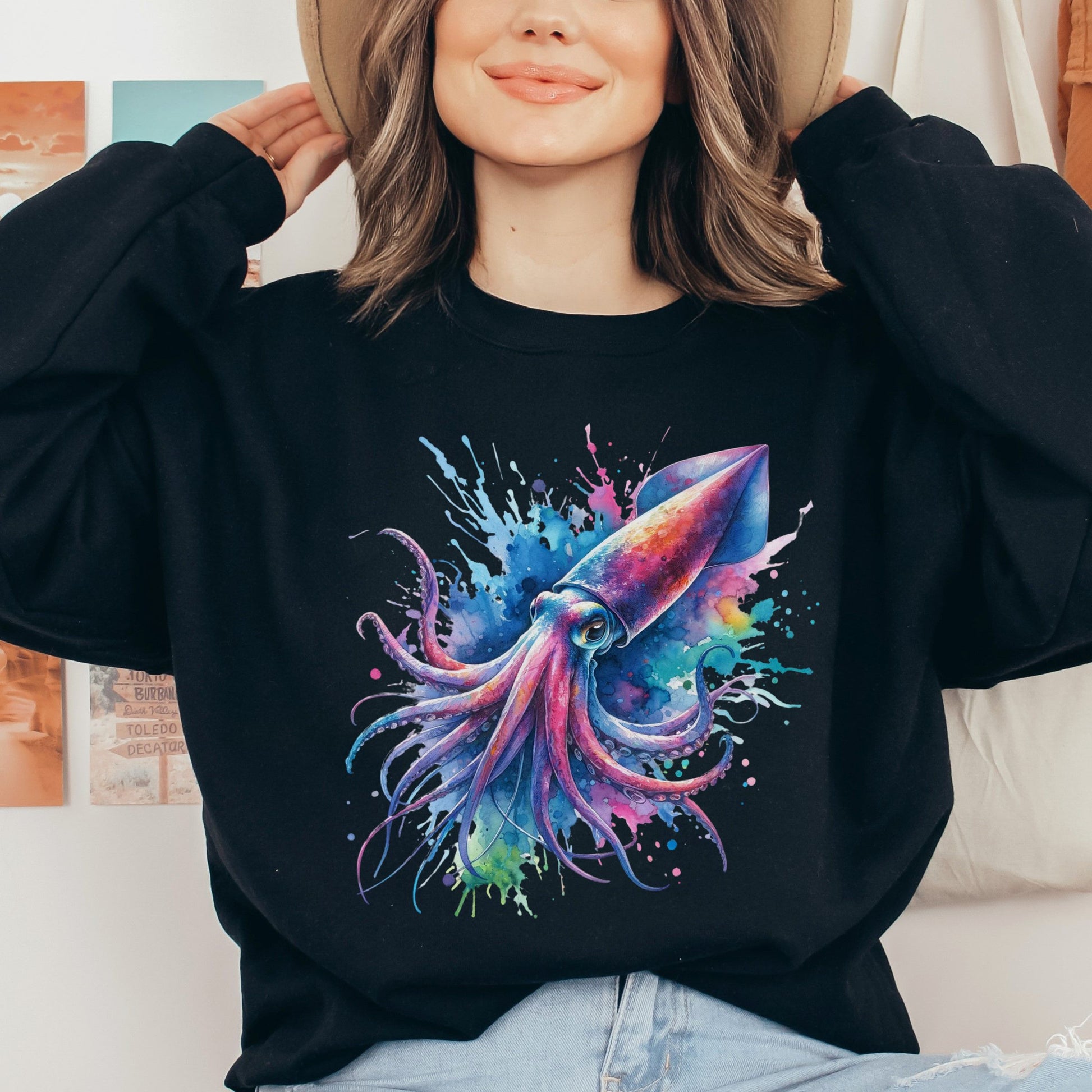 Artistic Squid Color Splash Unisex Sweatshirt Black Navy Dark Heather-Black-Family-Gift-Planet