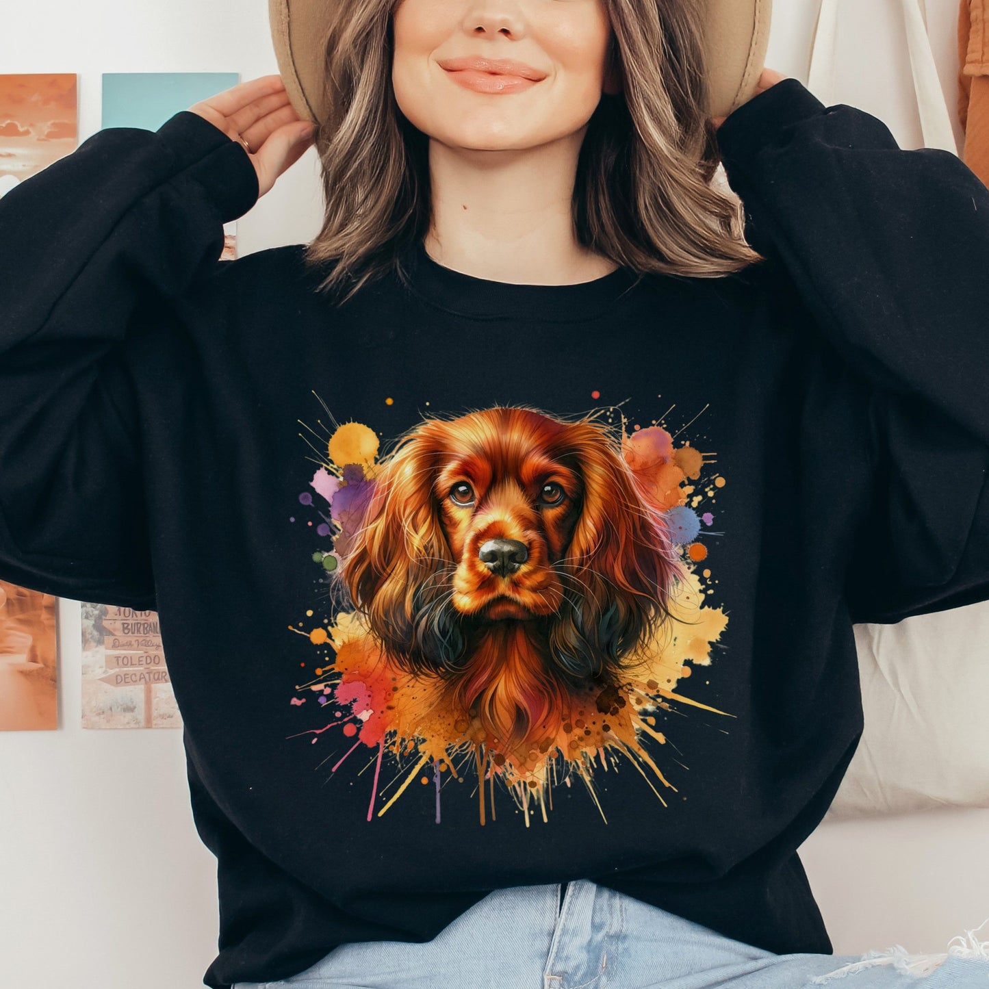 Sussex Spaniel dog mom Color Splash Unisex Sweatshirt Black Navy Dark Heather-Black-Family-Gift-Planet