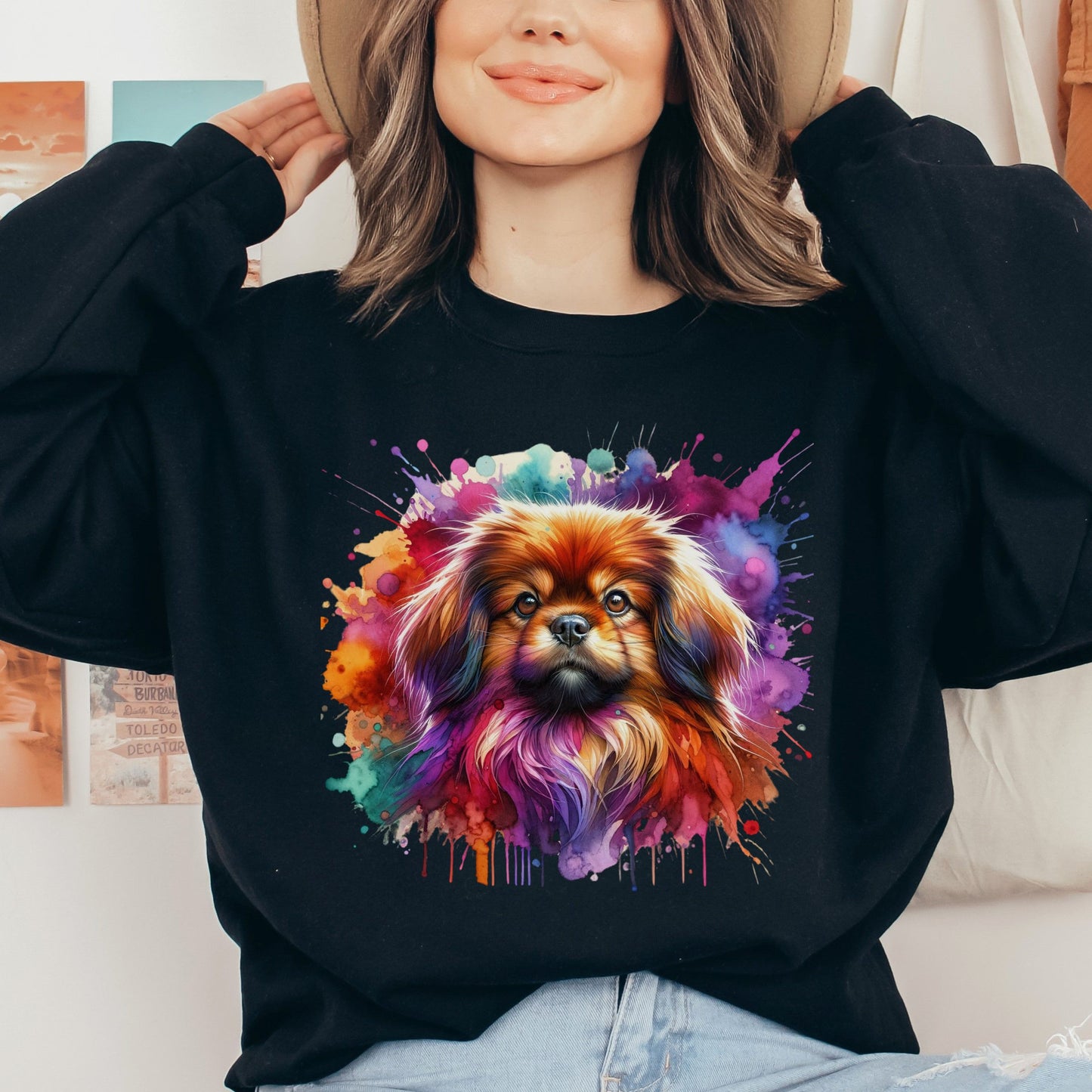 Tibetan Spaniel dog mom Color Splash Unisex Sweatshirt Black Navy Dark Heather-Black-Family-Gift-Planet