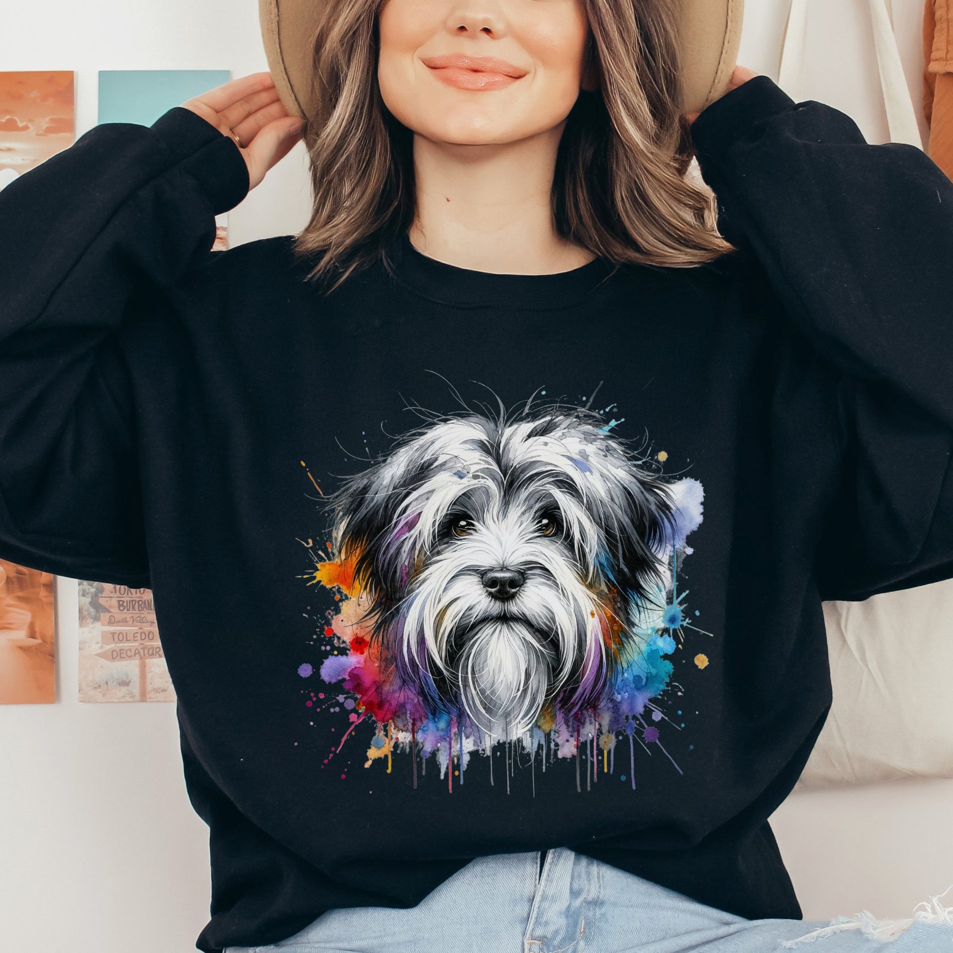 Tibetan Terrier dog mom Color Splash Unisex Sweatshirt Black Navy Dark Heather-Black-Family-Gift-Planet