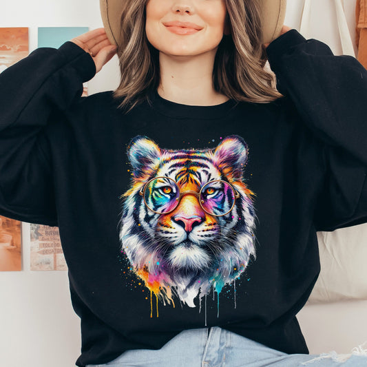 Tiger with eyeglasses Color Splash Unisex Sweatshirt Black Navy Dark Heather-Black-Family-Gift-Planet