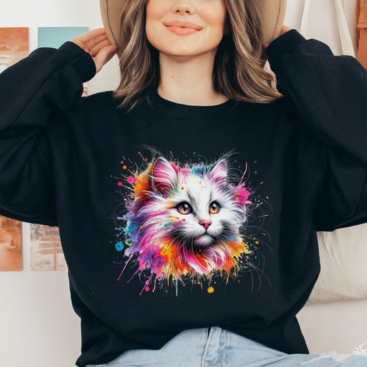 Turkish Angora Cat Color Splash Unisex Sweatshirt Black Navy Dark Heather-Black-Family-Gift-Planet