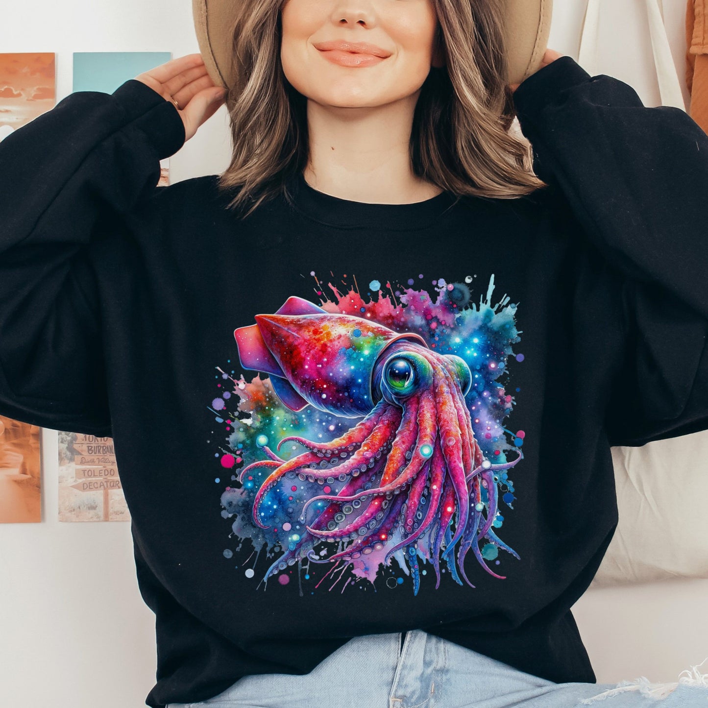 Artistic Vampire Squid Color Splash Unisex Sweatshirt Black Navy Dark Heather-Black-Family-Gift-Planet