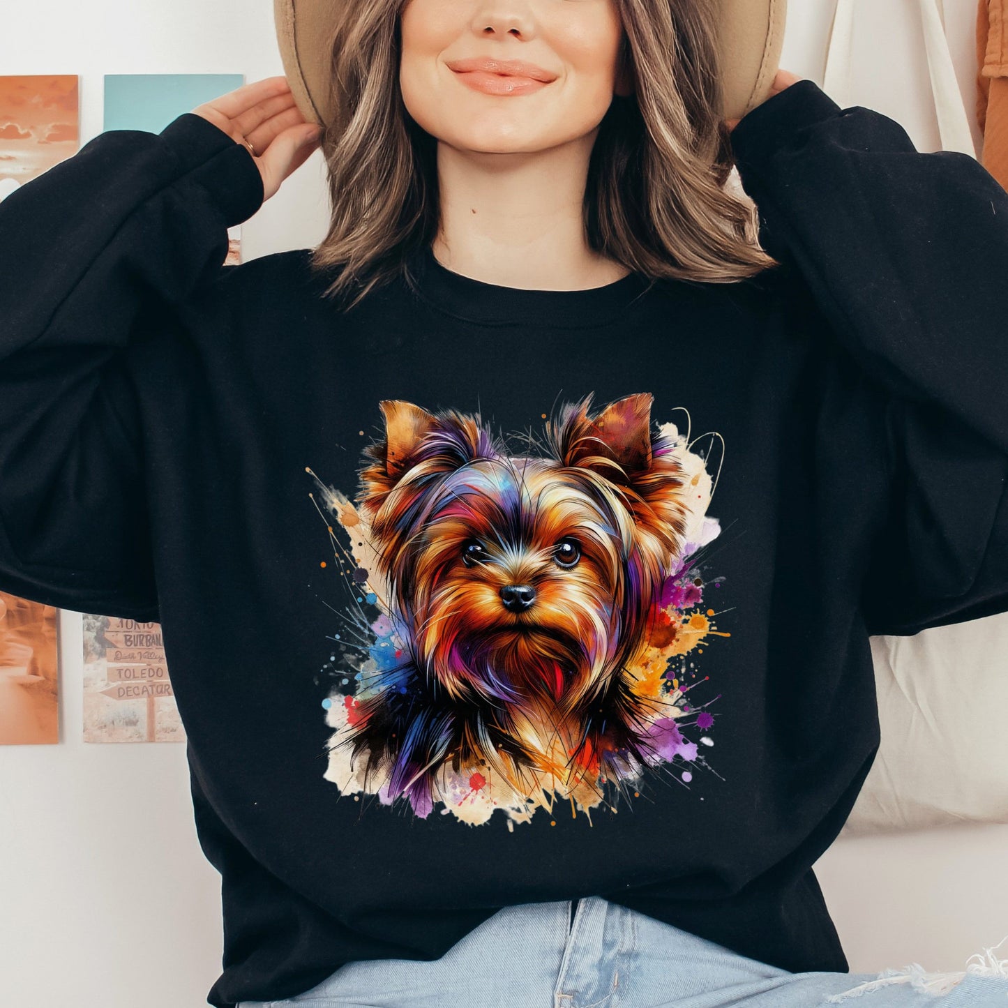 Yorkshire Terrier Color Splash Unisex Sweatshirt Black Navy Dark Heather-Black-Family-Gift-Planet