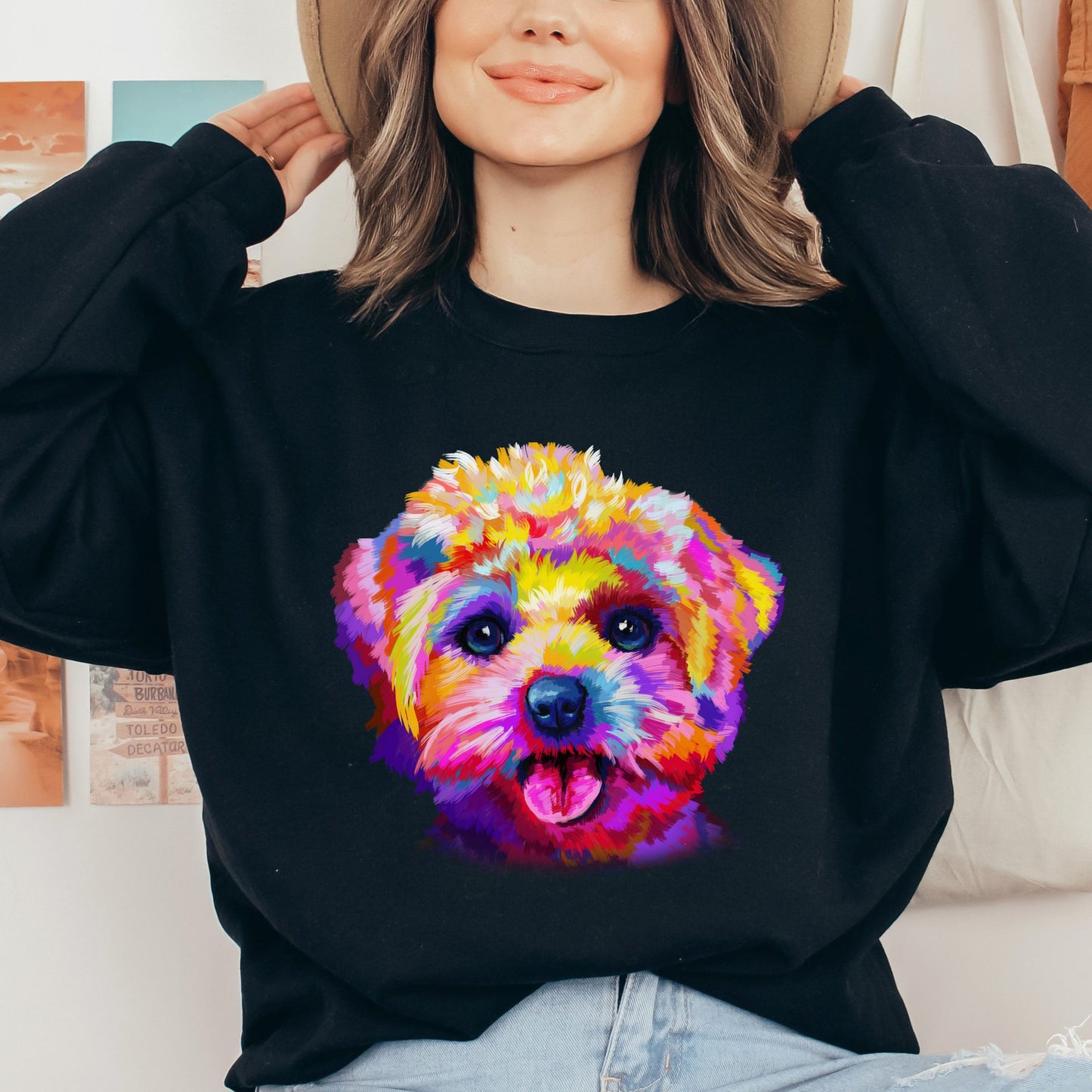 Abstract Bichon Frise dog Unisex Crewneck Sweatshirt with expressive splashes-Black-Family-Gift-Planet