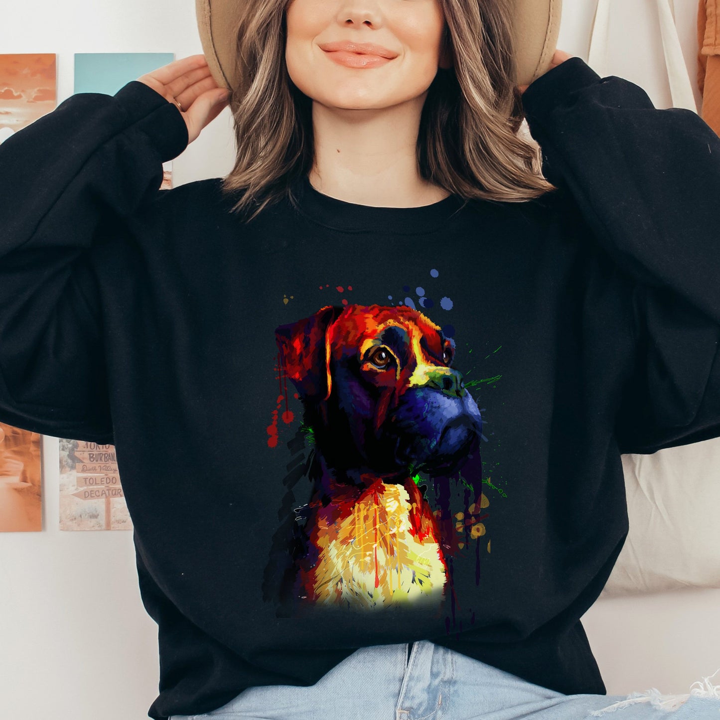Artistic Boxer dog Crewneck Sweatshirt creative digital Art-Black-Family-Gift-Planet