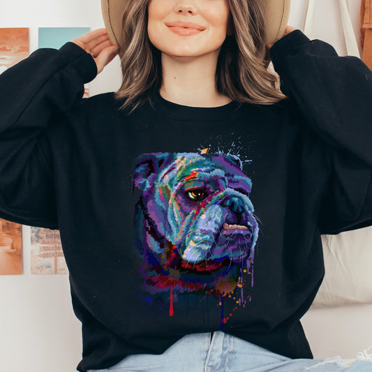 Abstract Bulldog dog Unisex Crewneck Sweatshirt with expressive splashes-Black-Family-Gift-Planet