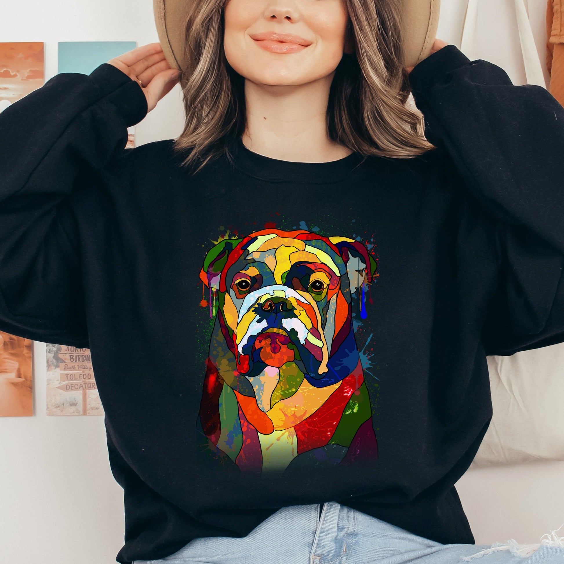 Artistic Bulldog dog Unisex Crewneck Sweatshirt digital Art-Black-Family-Gift-Planet