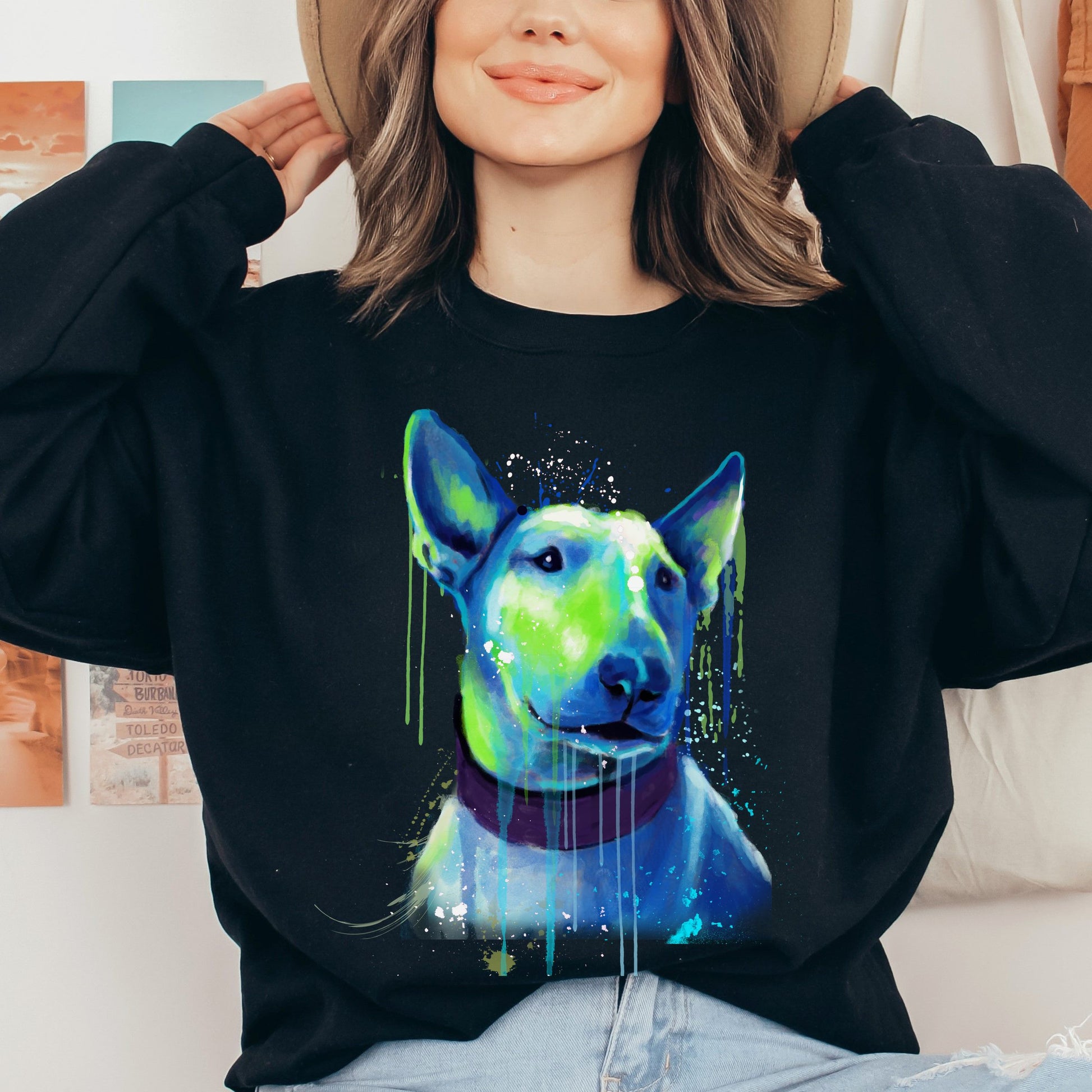 Neon green and blue Splash Art Bull Terriers dog Unisex Crewneck Sweatshirt-Black-Family-Gift-Planet