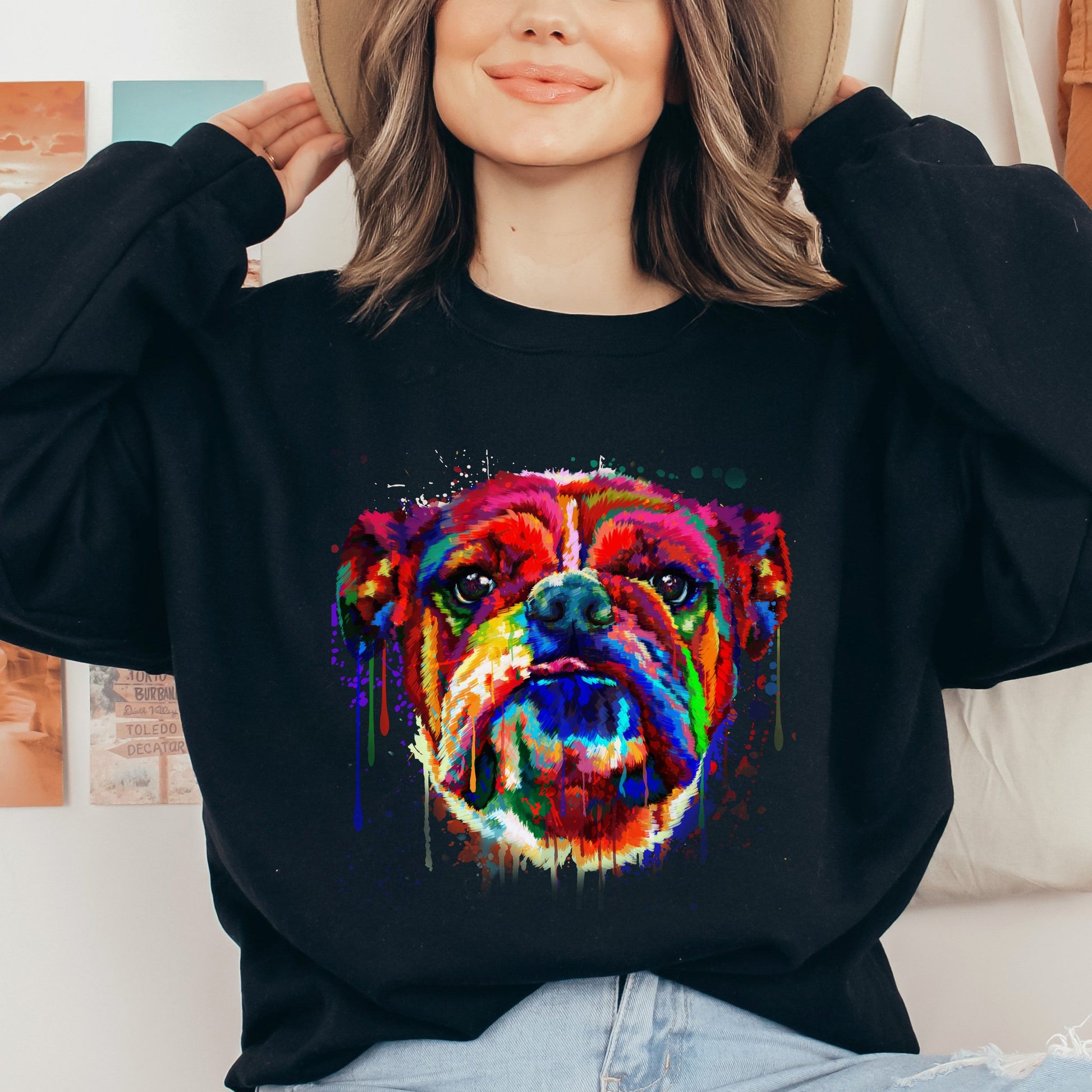 Splash color Bulldog dog Unisex Crewneck Sweatshirt Abstract pet design-Black-Family-Gift-Planet