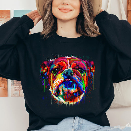 Splash color Bulldog dog Unisex Crewneck Sweatshirt Abstract pet design-Black-Family-Gift-Planet