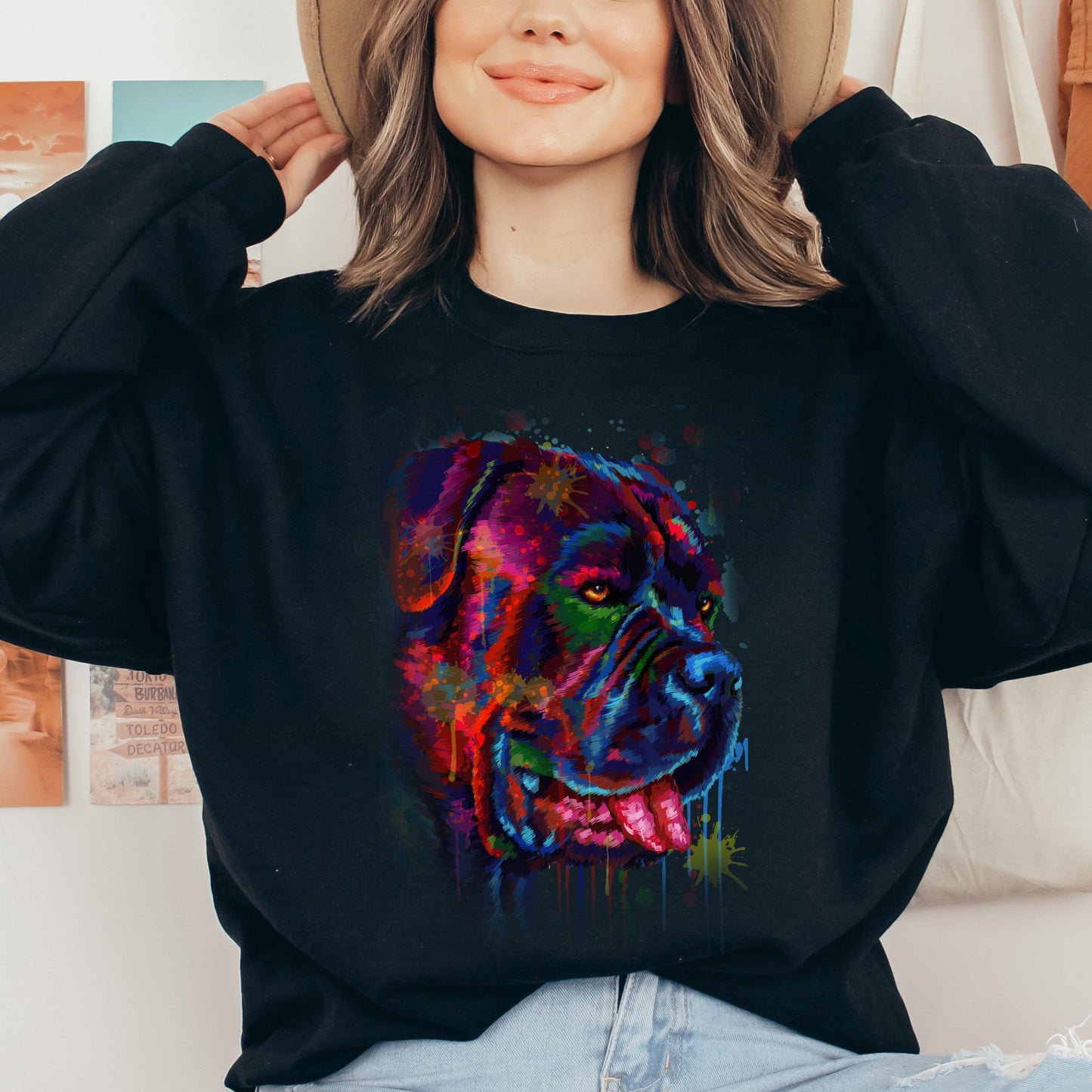 Vibrant digital Bullmastiff dog Art Unisex Crewneck Sweatshirt black navy dark heather-Black-Family-Gift-Planet