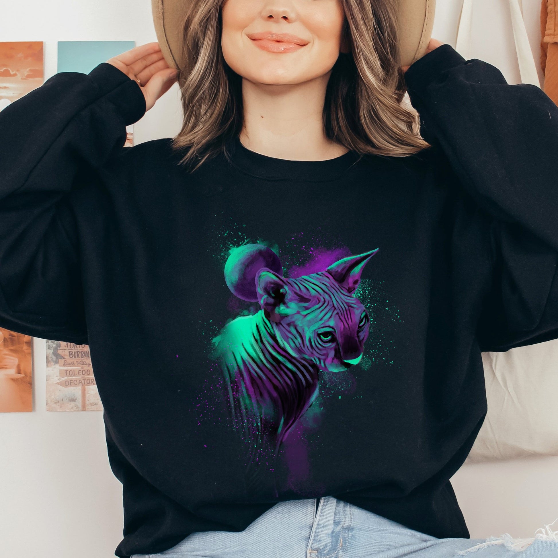 Neon green and purple Splash Art Cat Unisex Crewneck Sweatshirt-Black-Family-Gift-Planet