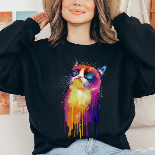 Abstract grumpy cat Unisex Crewneck Sweatshirt with expressive splashes-Black-Family-Gift-Planet