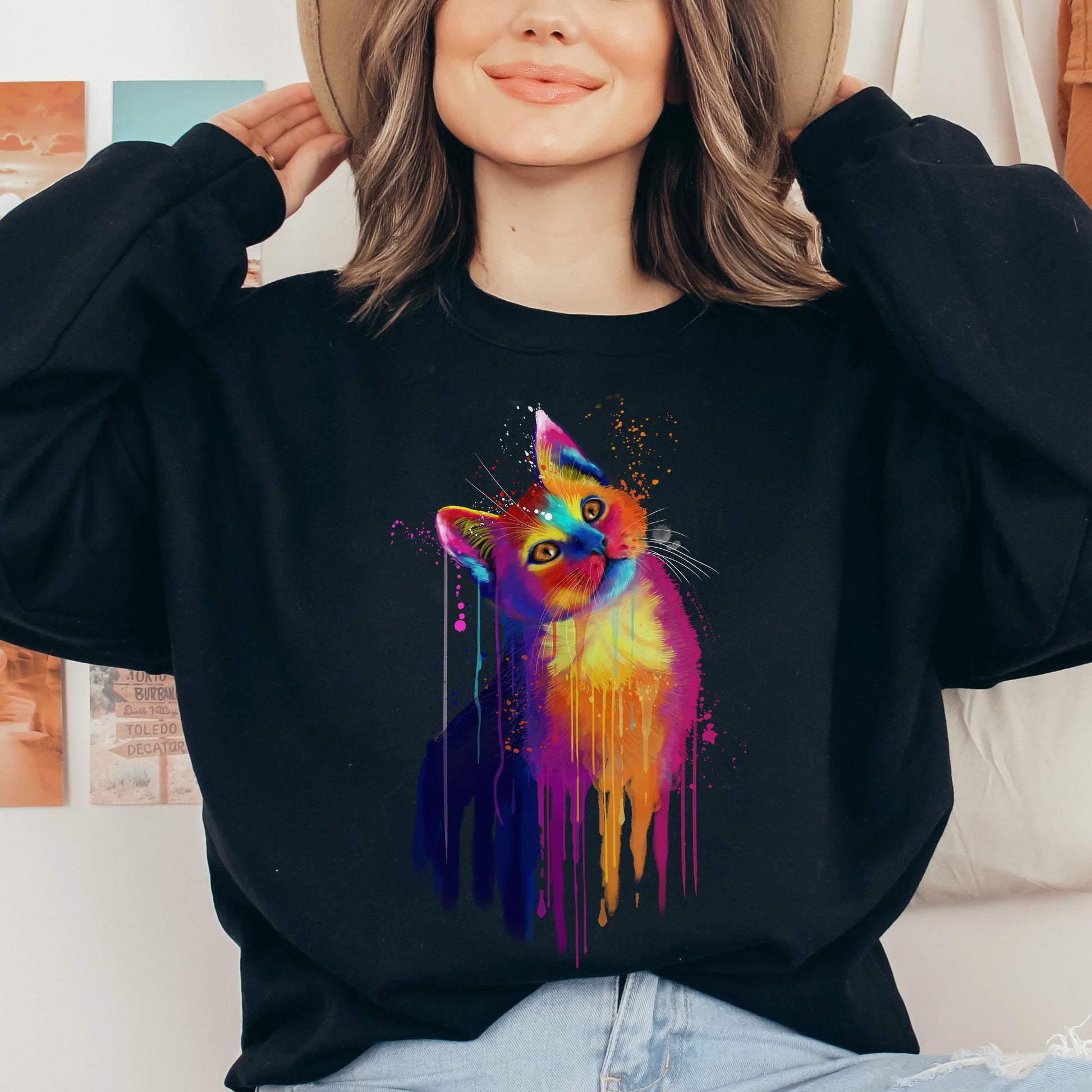 Splash color cat Unisex Crewneck Sweatshirt Abstract pet design-Black-Family-Gift-Planet