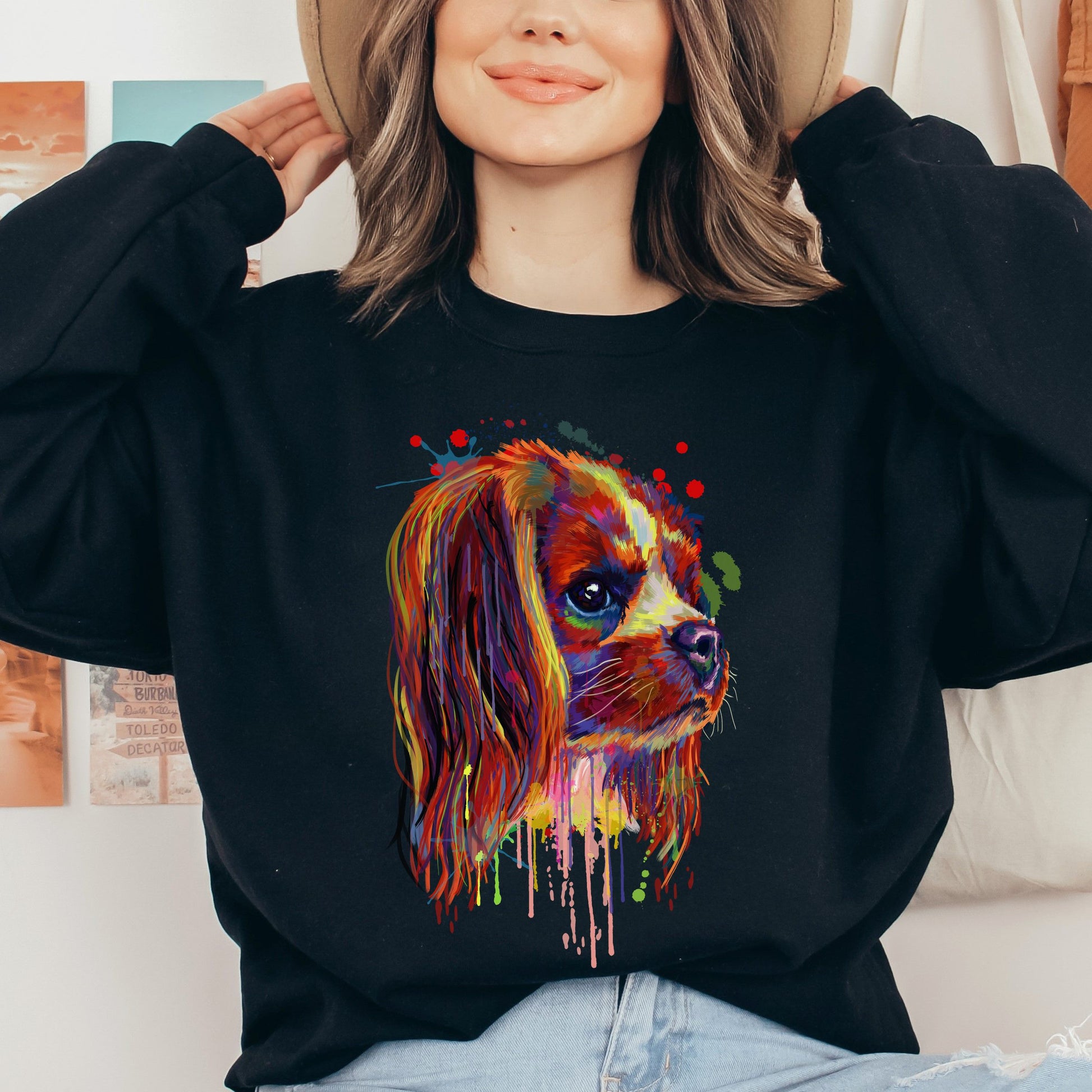 Artistic Cavalier dog Unisex Crewneck Sweatshirt digital Art-Black-Family-Gift-Planet