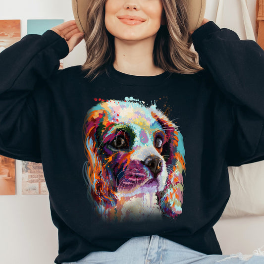 Hand drawn Digital Art Cavalier dog Unisex Crewneck Sweatshirt black navy dark heather-Black-Family-Gift-Planet