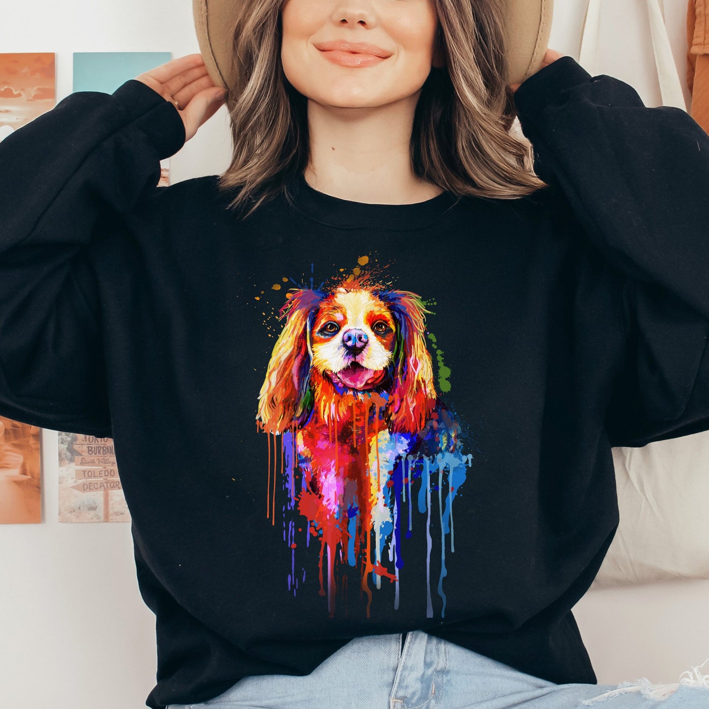 Abstract Cavalier dog Unisex Crewneck Sweatshirt with expressive splashes-Black-Family-Gift-Planet