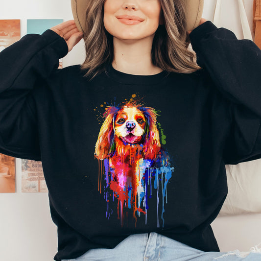 Abstract Cavalier dog Unisex Crewneck Sweatshirt with expressive splashes-Black-Family-Gift-Planet