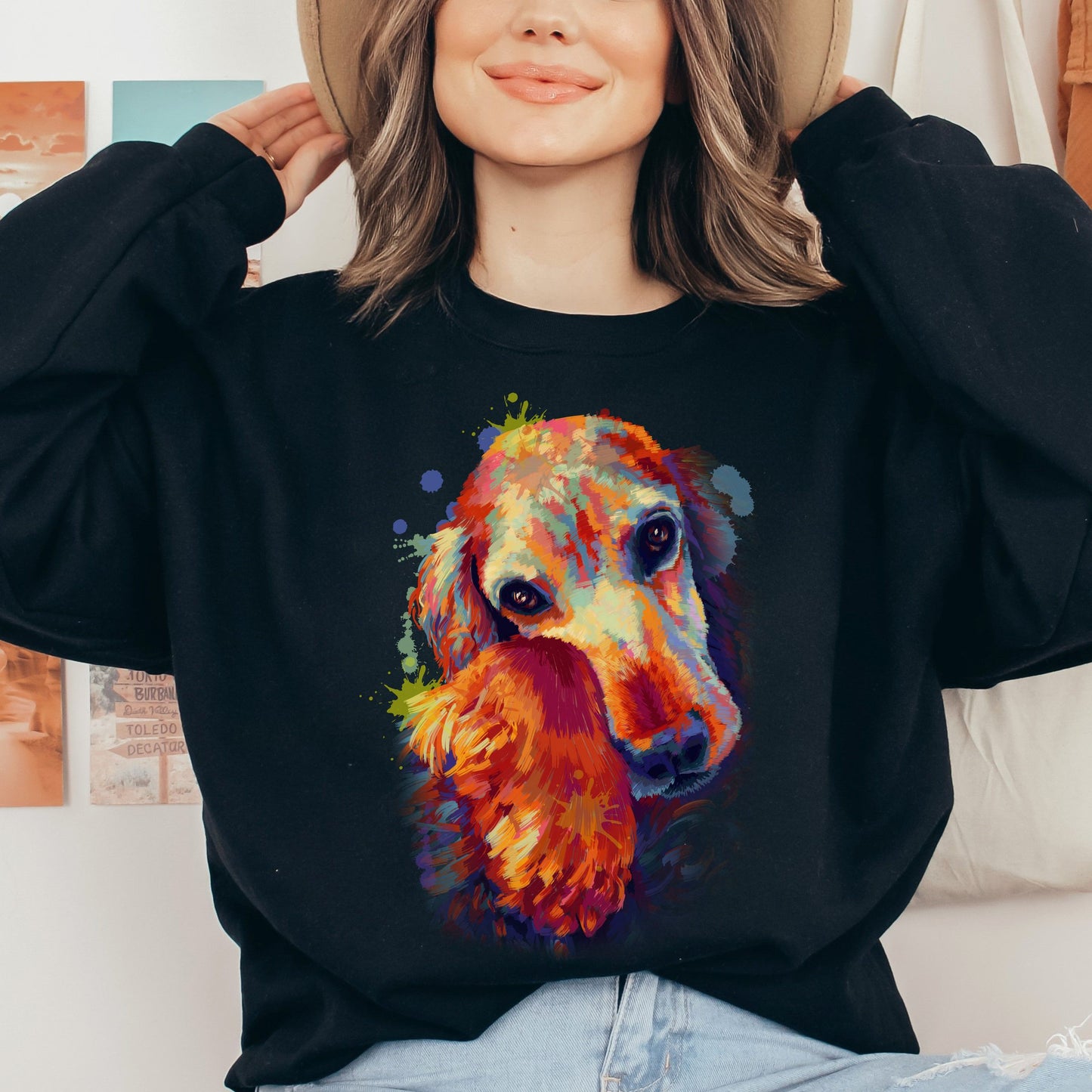 Artistic Cocker Spaniel dog Unisex Crewneck Sweatshirt digital Art-Black-Family-Gift-Planet