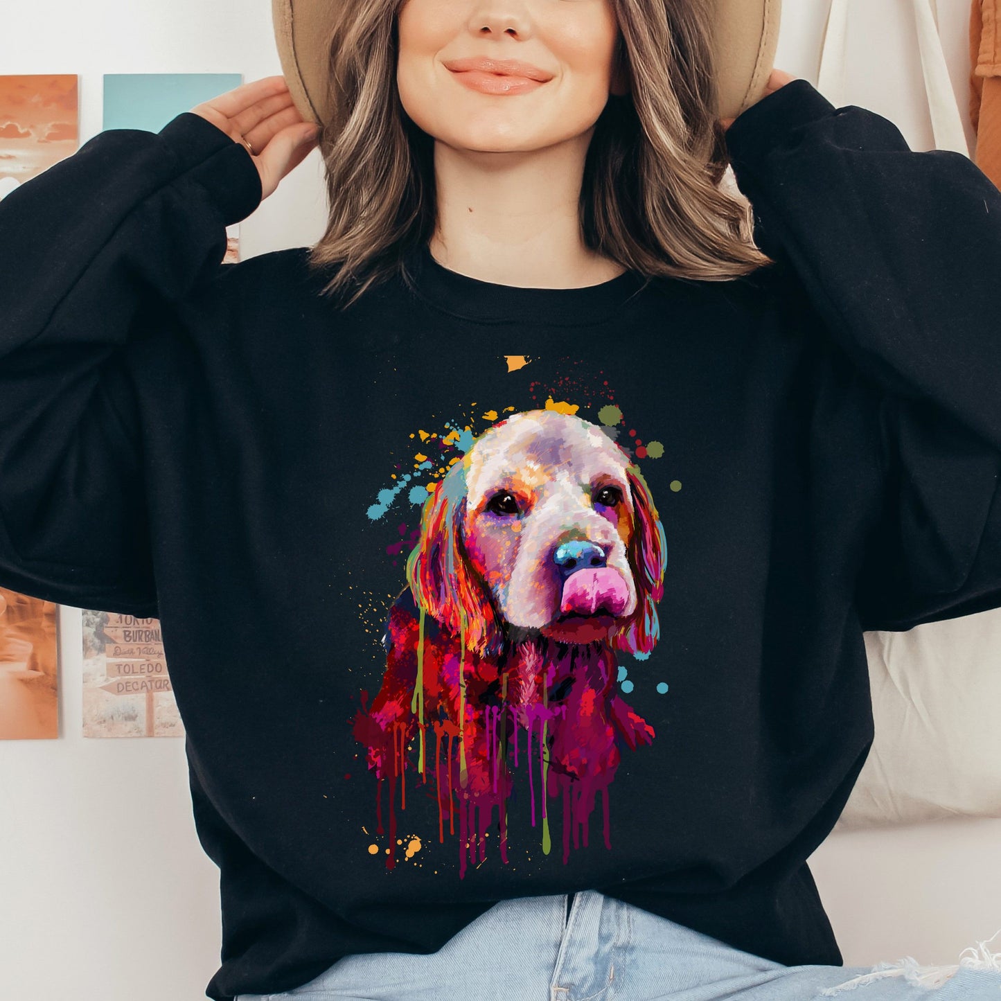 Splash color Cocker Spaniel dog Unisex Crewneck Sweatshirt Abstract pet design-Black-Family-Gift-Planet